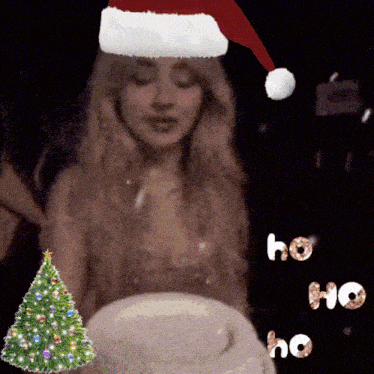 a woman wearing a santa hat is surrounded by a christmas tree and the word ho