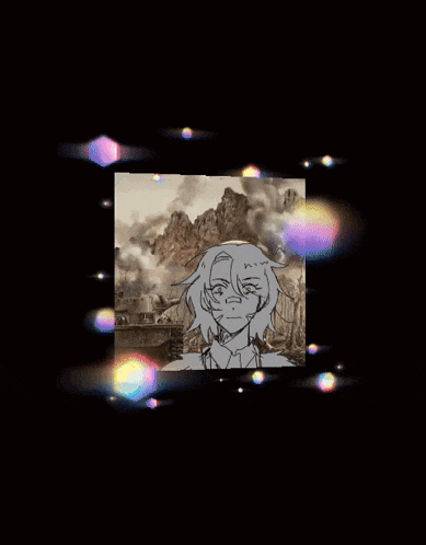 a black and white drawing of a girl with a rainbow colored background