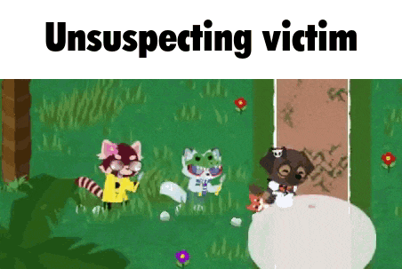 a cartoon of a group of animals standing in the grass with the words `` unsuspecting victim '' below them .