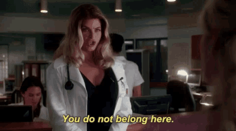 a woman in a lab coat says you do not belong here .