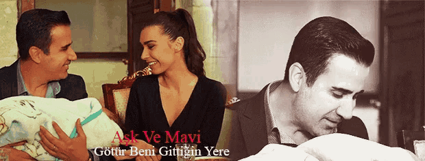 a man and a woman holding a baby with the words ask ve mavi written above them