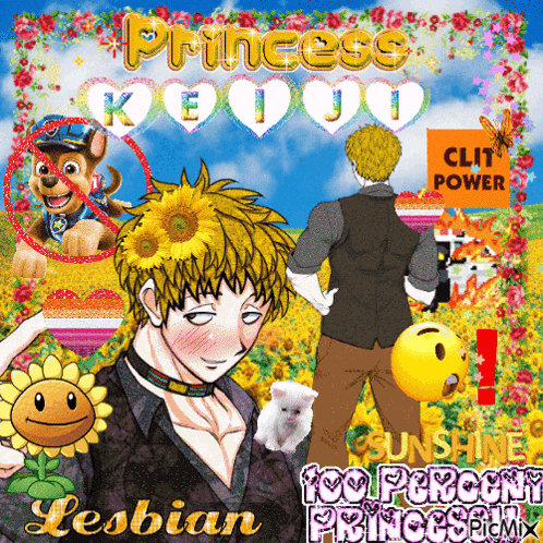 a picture of a man with a sunflower in his hair and the words " princess keiji " on the top