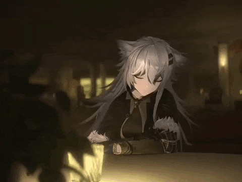 a cat girl is sitting at a table in a dark room .