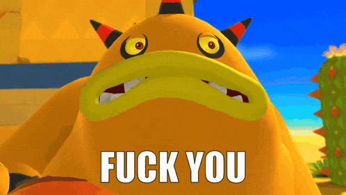 a cartoon monster with horns and the words " fuck you "