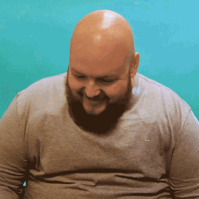 a bald man with a beard and mustache wearing a grey shirt