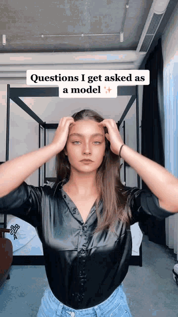 a woman is standing in front of a four poster bed with the words questions i get asked as a model