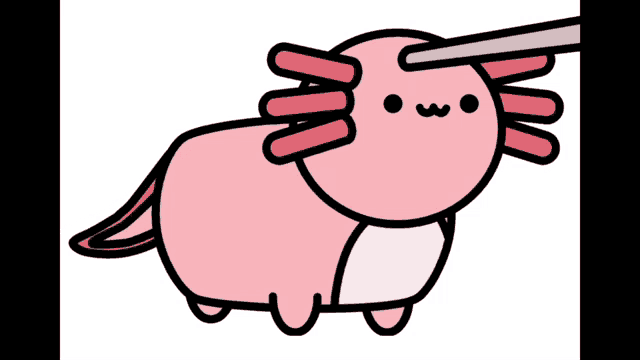 a cartoon drawing of an axolotl with a stick sticking out of its eye