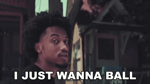 a man with a beard says " i just wanna ball " in front of him