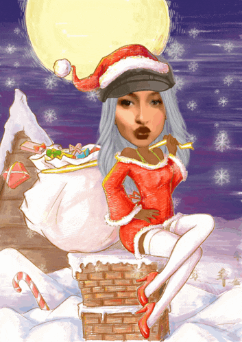 a cartoon of a woman dressed as santa claus holding a bag of gifts