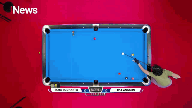 a pool table with a scoreboard that says race to 3 on it