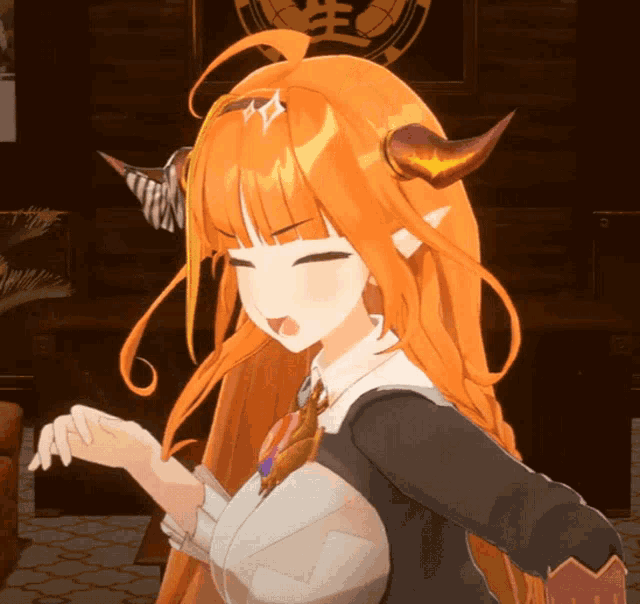 a girl with long orange hair and horns is standing in a dark room
