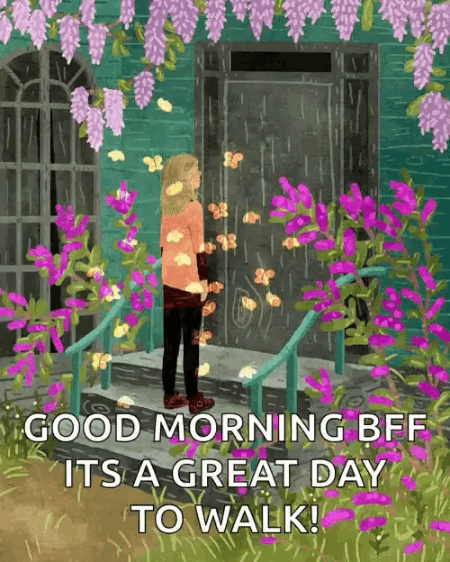 a girl is standing in front of a house with purple flowers and butterflies flying around her