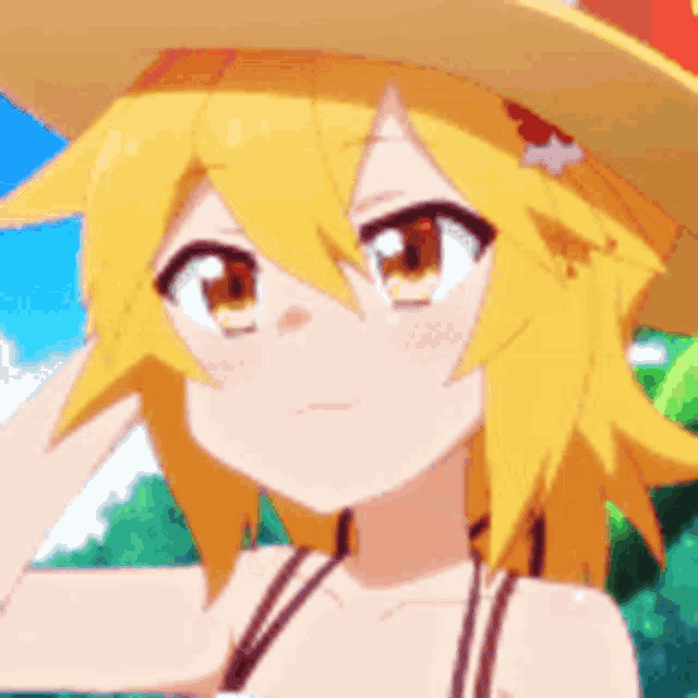 a close up of a anime girl wearing a hat