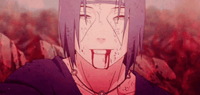 a purple haired anime character with blood coming out of his mouth .