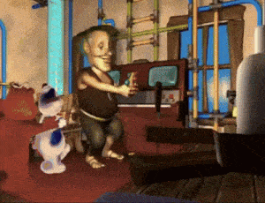 a cartoon of a man holding a bottle and a cat