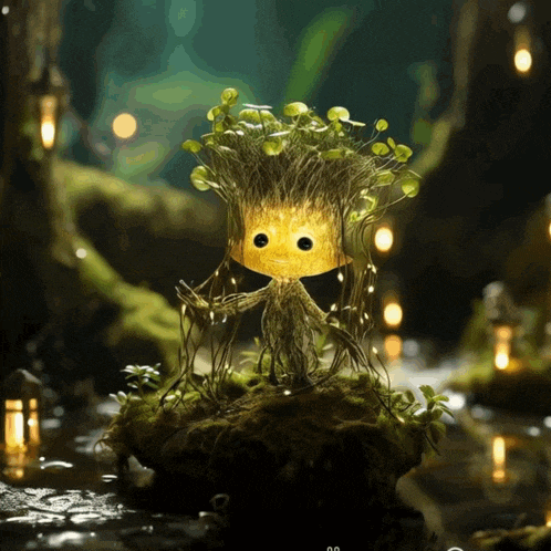 a tree with a light on its head is sitting on a rock