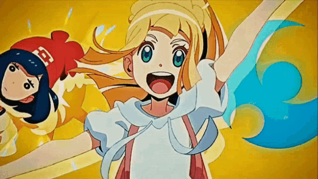 two anime girls are flying in the air with their arms outstretched and one of them has the letter o on her shirt