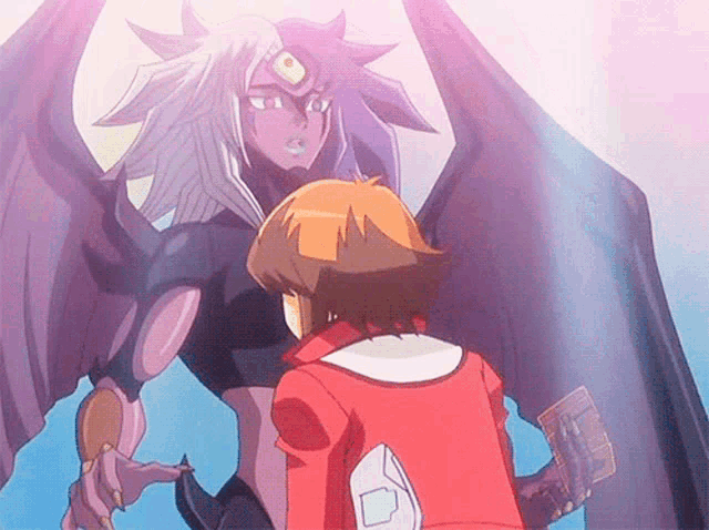 a boy in a red jacket is standing next to a monster