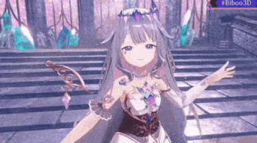 a girl with a crown on her head is standing in front of a sign that says # bibo03d