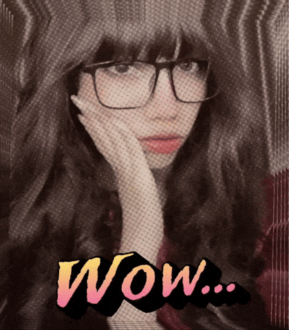 a woman wearing glasses with the word wow on the bottom right