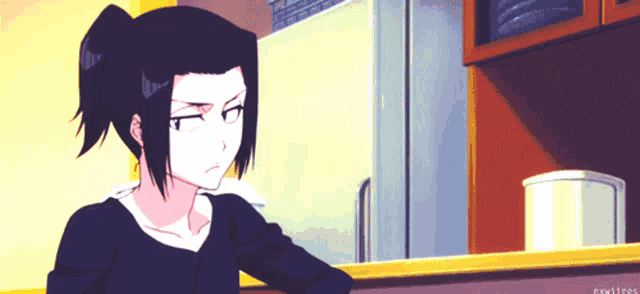 a drawing of a woman with a ponytail and a black shirt with the word next to it