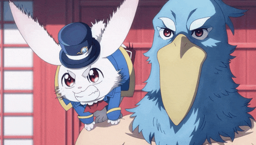 a cartoon rabbit wearing a top hat is next to a blue bird with a big beak