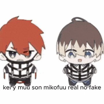 a couple of anime characters standing next to each other in a dark room with a yellow background .