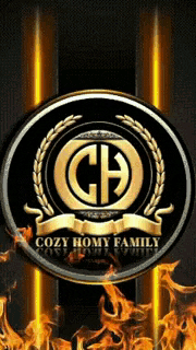 a logo for cozy romy family with flames behind it