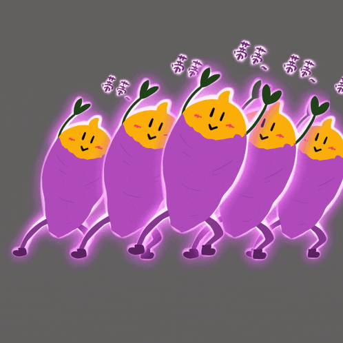 a bunch of purple cartoon characters with yellow faces and hearts