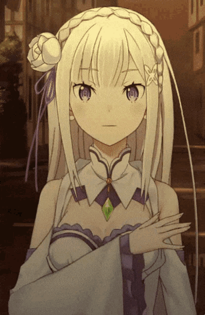 a white haired anime girl with purple eyes and a braided bun