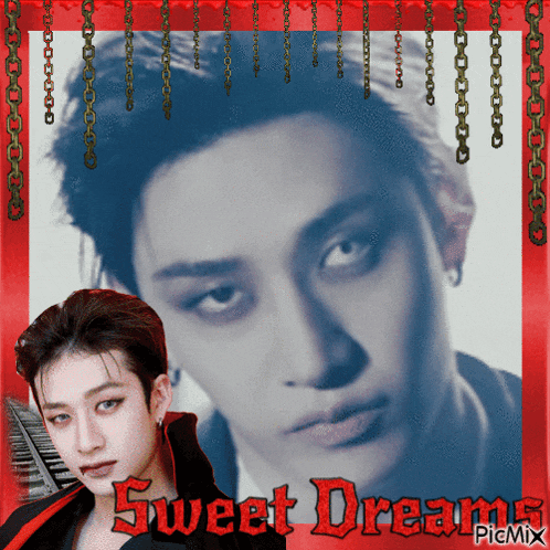 a picture of a man with the words sweet dreams in red