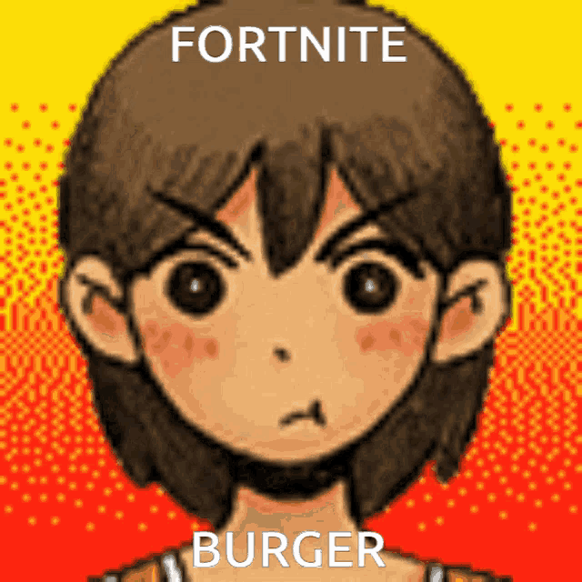 a pixel art drawing of a girl with the words fortnite burger under her head