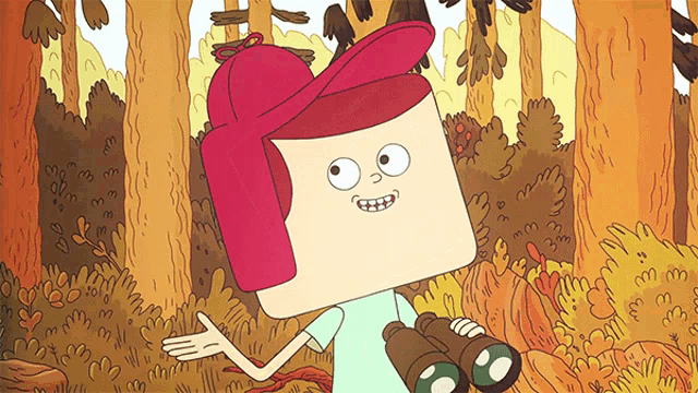 a cartoon character with binoculars and a pink hat