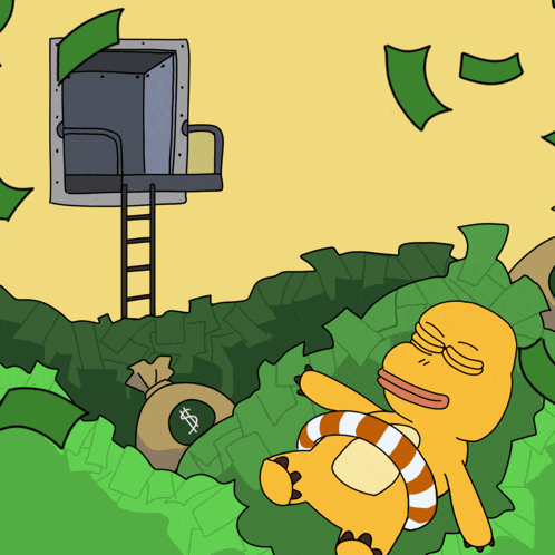 a cartoon character is laying in a pile of money with a bag that has a dollar sign on it