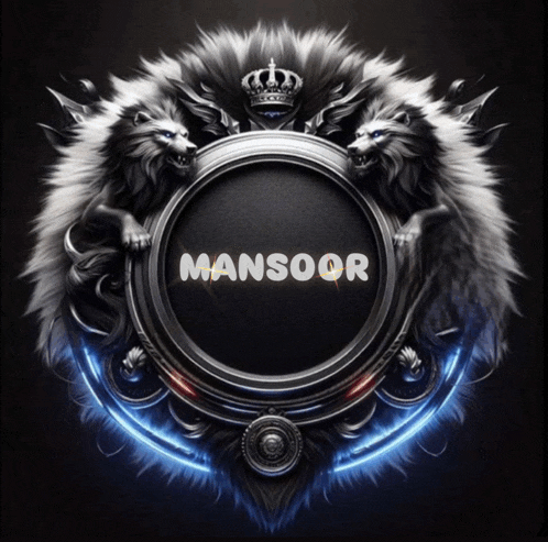 a picture of two lions with a crown and the name mansoor
