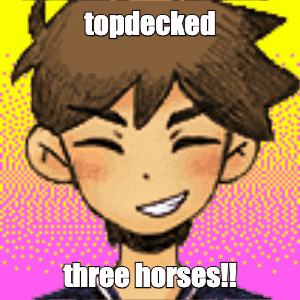 a cartoon boy is smiling with the words topdecked three horses !