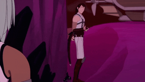 a cartoon character is standing in front of a purple background