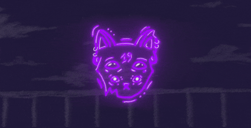 a neon sign of a cat with the number 49 on it 's face