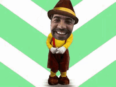 a man with a beard and a hat is dressed as pinocchio