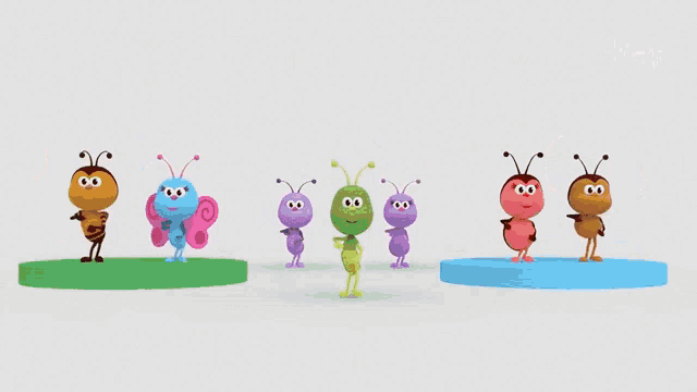 a group of cartoon ants are standing on a green circle
