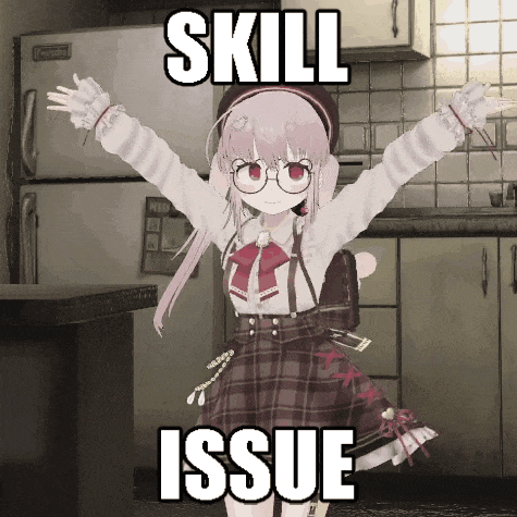 a girl in a plaid skirt is standing in a kitchen with her arms outstretched and the words skill issue behind her