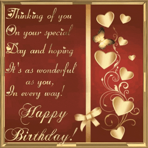 a birthday card with gold hearts and a butterfly on it