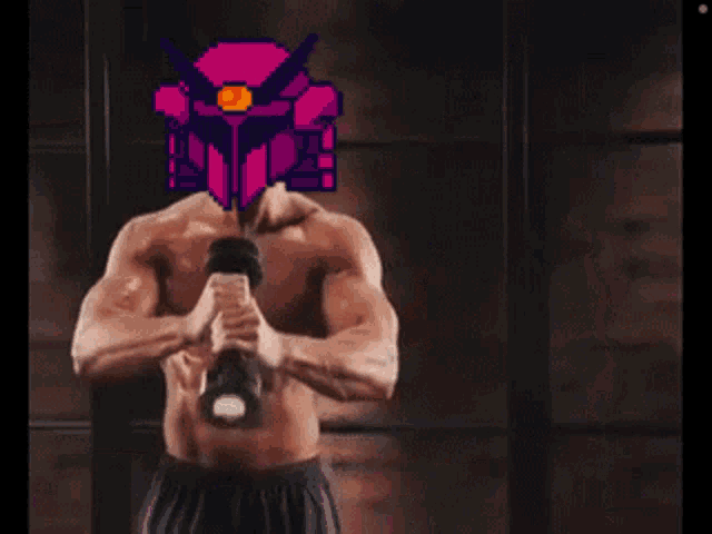 a shirtless man is lifting a dumbbell with a robot on his head behind him
