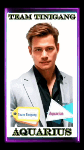 a man in a suit is holding a yellow tag that says aquarius
