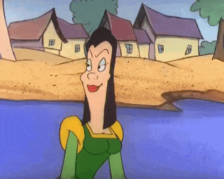 a cartoon of a woman in a green dress standing next to a river .