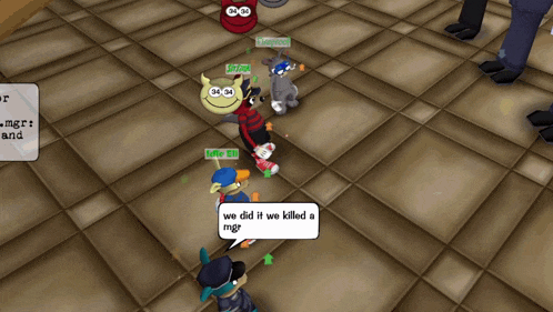 a screenshot of a video game with the words we did it we killed a mgr on it