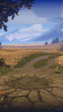 a painting of a field of wheat with a path going through it