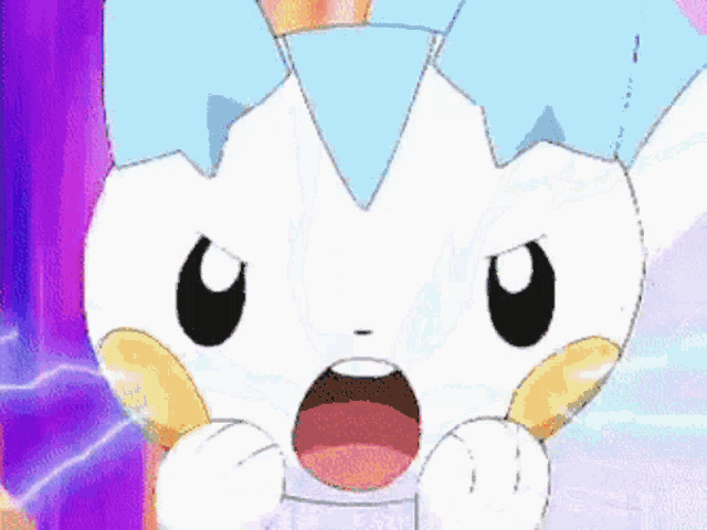 a close up of a cartoon character with a surprised look on its face