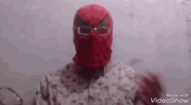 a man wearing a spiderman mask and glasses is standing in front of a wall .