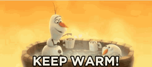 two snowmen are sitting in a hot tub with the words `` keep warm '' written on the bottom .